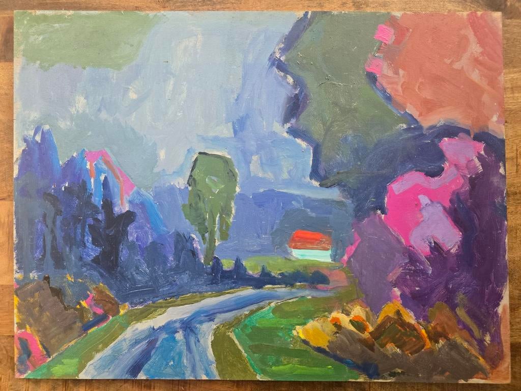 Schilderij P.C. Kuiper - Kleurrijk landschap met huisje (De, Ophalen of Verzenden