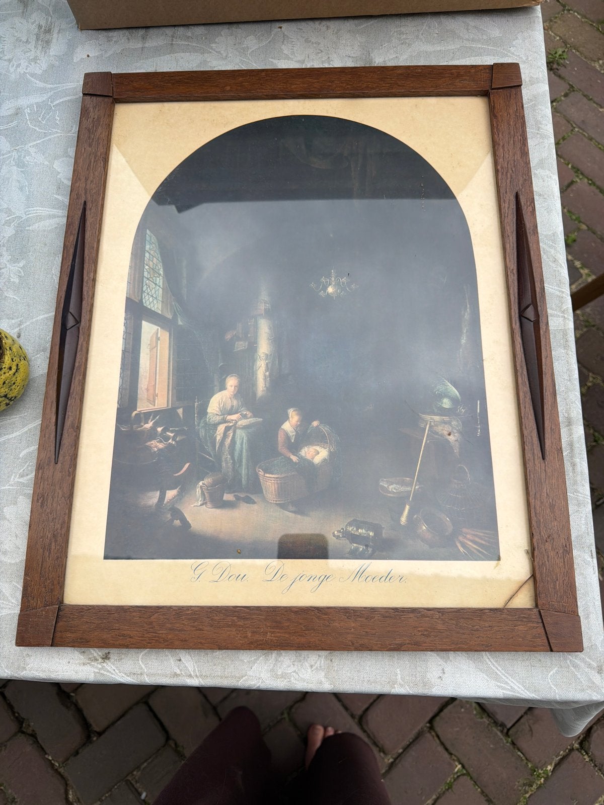 Vintage lijst 'De Jonge Moeder' - glas kapot, Ophalen, Portret of Personen, Print, Papier