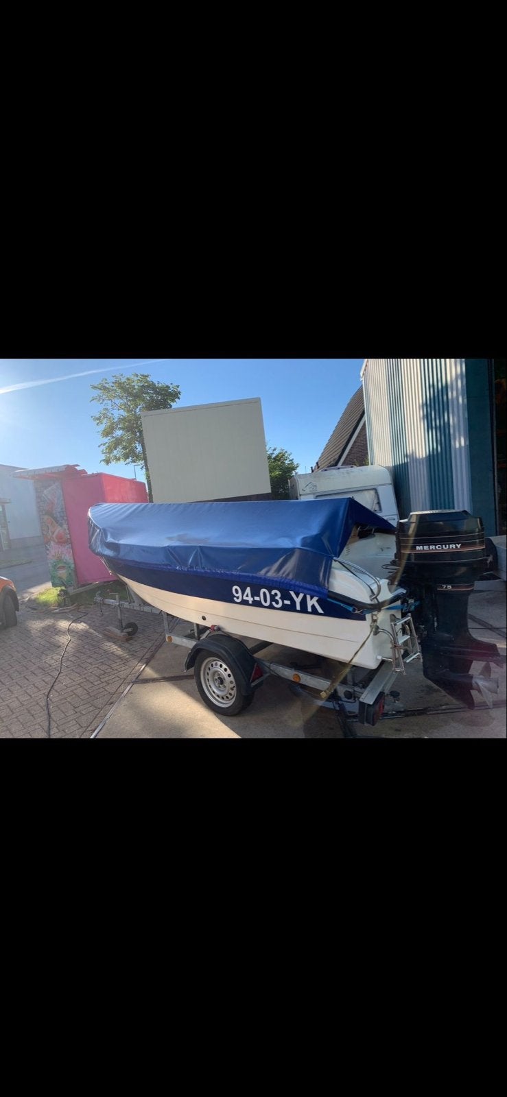 Consoleboot met buitenboordmotor en trailer, Watersport en Boten, Motorboten en Motorjachten, Overige merken, Gebruikt, Afdekzeil