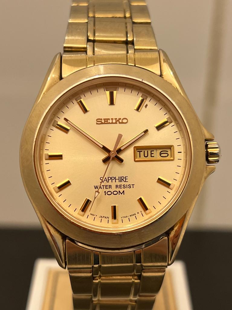 Seiko V743-8850 Sapphire Goudkleurig 35mm, Sieraden, Tassen en Uiterlijk, Horloges | Dames, Gebruikt, Staal, Polshorloge, Ophalen of Verzenden