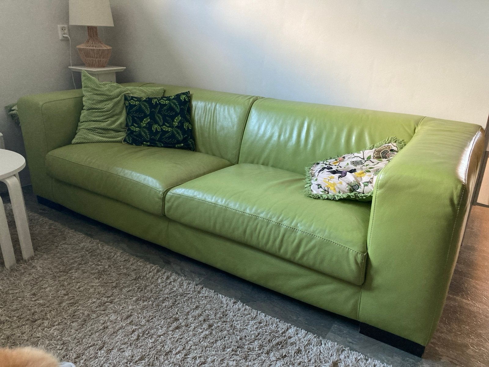 Groene leren bank  240 cm - 4-zitsbank, Ophalen, Gebruikt, Rechte bank, 200 tot 250 cm