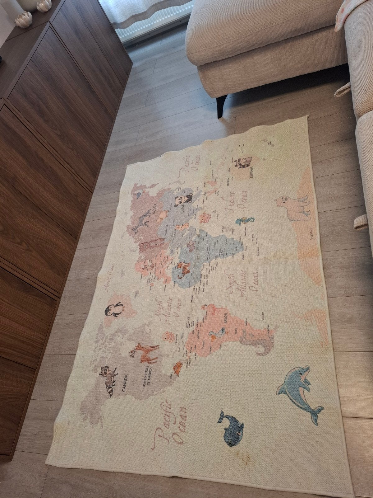 Kinder tapijt wasbaar - Wereldkaart design, 100 tot 150 cm, Blauw, Zo goed als nieuw, 50 tot 100 cm