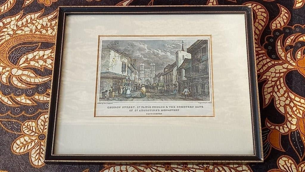 Mooie antieke ingelijste Canterbury gravure uit Engeland., Handgekleurd, 1800 - 1899, Stadsgezicht, Ophalen of Verzenden