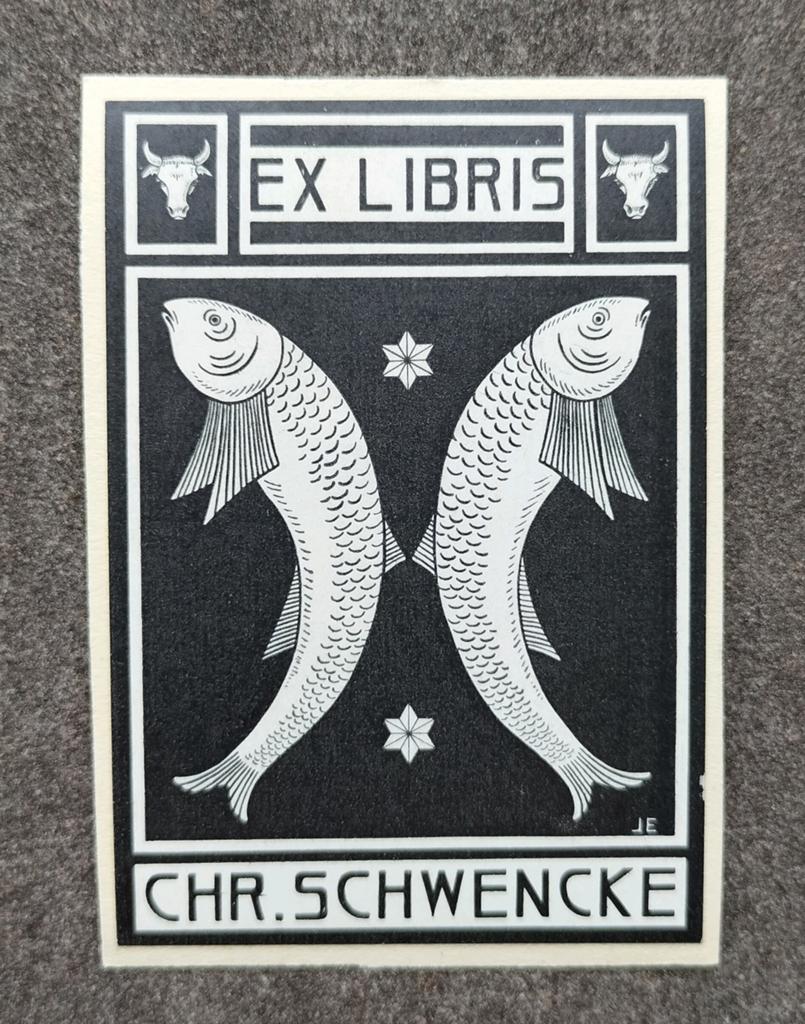 Exlibris Chr. Schwencke (Jacob Eskens, 1940) (Vissen, Stier), 5 cm, 8 cm, Origineel, Flora en Fauna