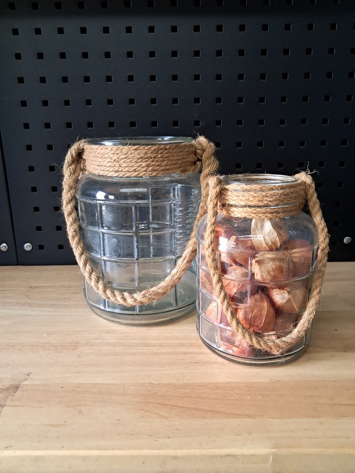 Glazen windlichten/decoratiepotten met touw, Ophalen