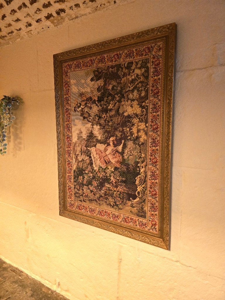 groot klassiek Gobelin wandkleed in goudkleurige lijst, Ophalen, Vintage, Overige technieken, Portret of Personen