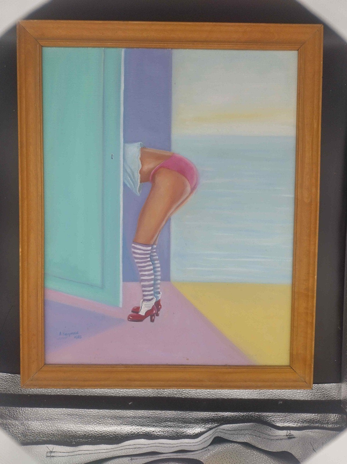 Schilderij Ank Koopmans 1983 - Borger 46x56cm 'pop-art', Figuren, Gesigneerd, Ophalen of Verzenden, Olieverf