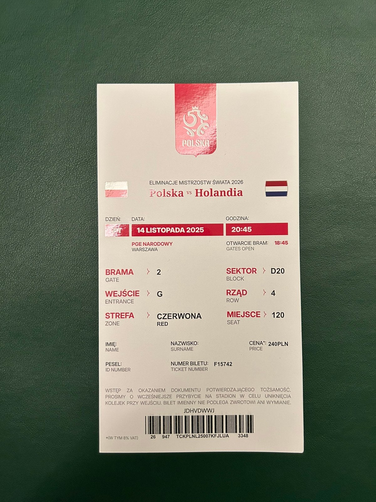 Polen - Nederland ticket, Verzamelen, Sportartikelen en Voetbal, Ophalen of Verzenden, Overige binnenlandse clubs, Overige typen