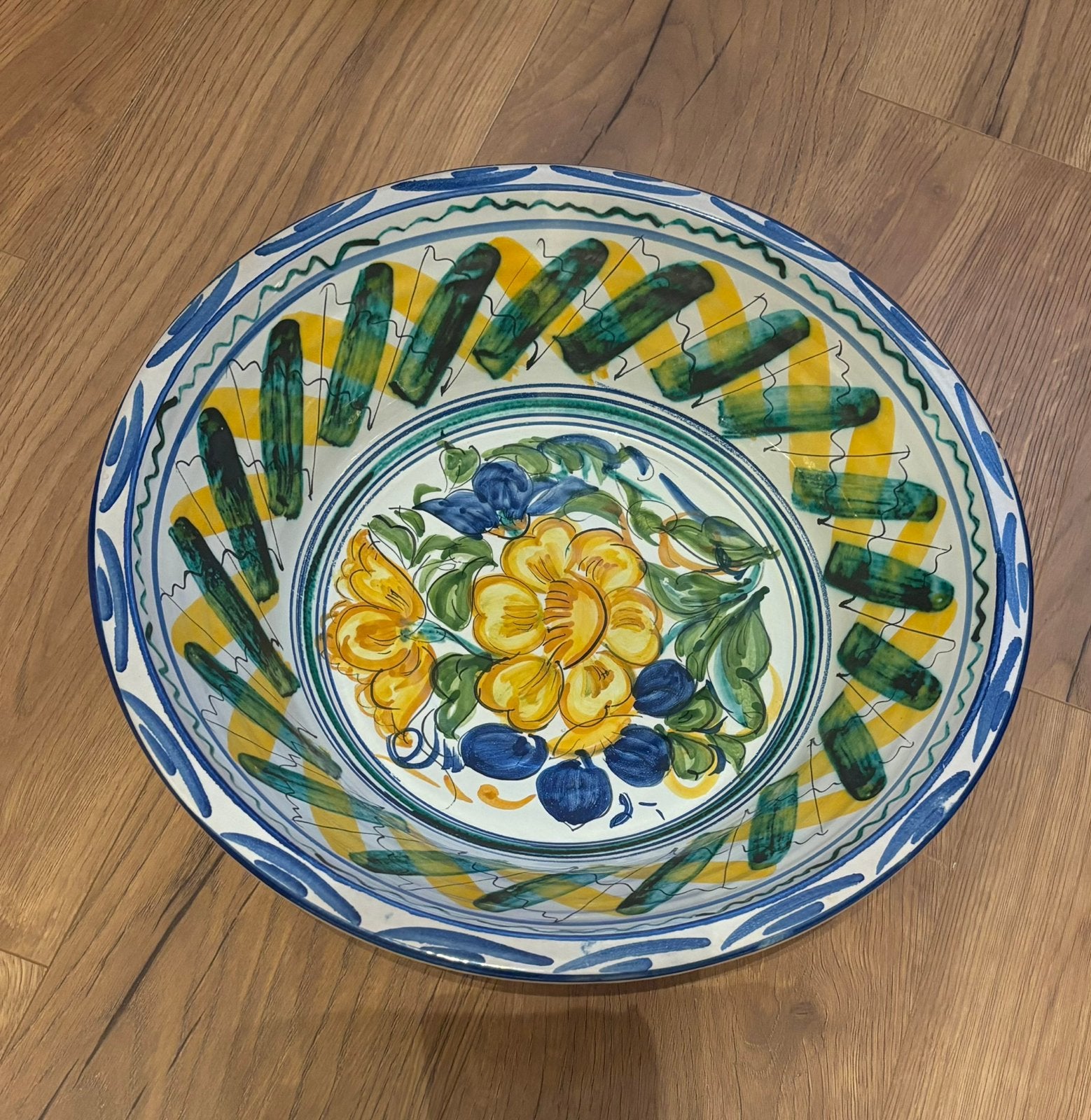 Vintage Handbeschilderde Spaanse Lebrillo Schaal 42cm, Ophalen, Handbeschilderd, Schaal, Rond