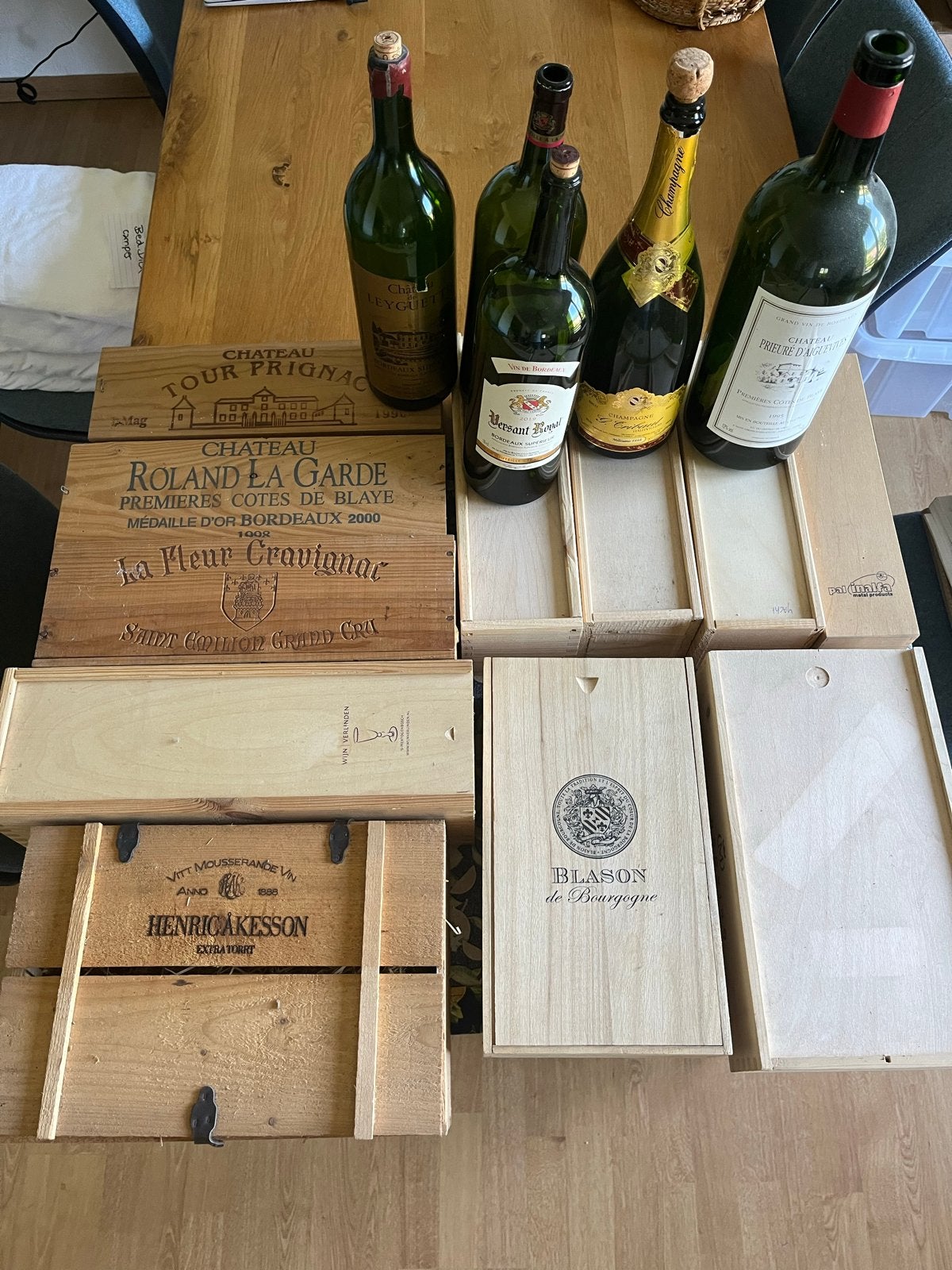 Lege wijnkisten en flessen (Magnum, 3L) - Decoratie/Opslag, Ophalen, Gebruikt, Rode wijn