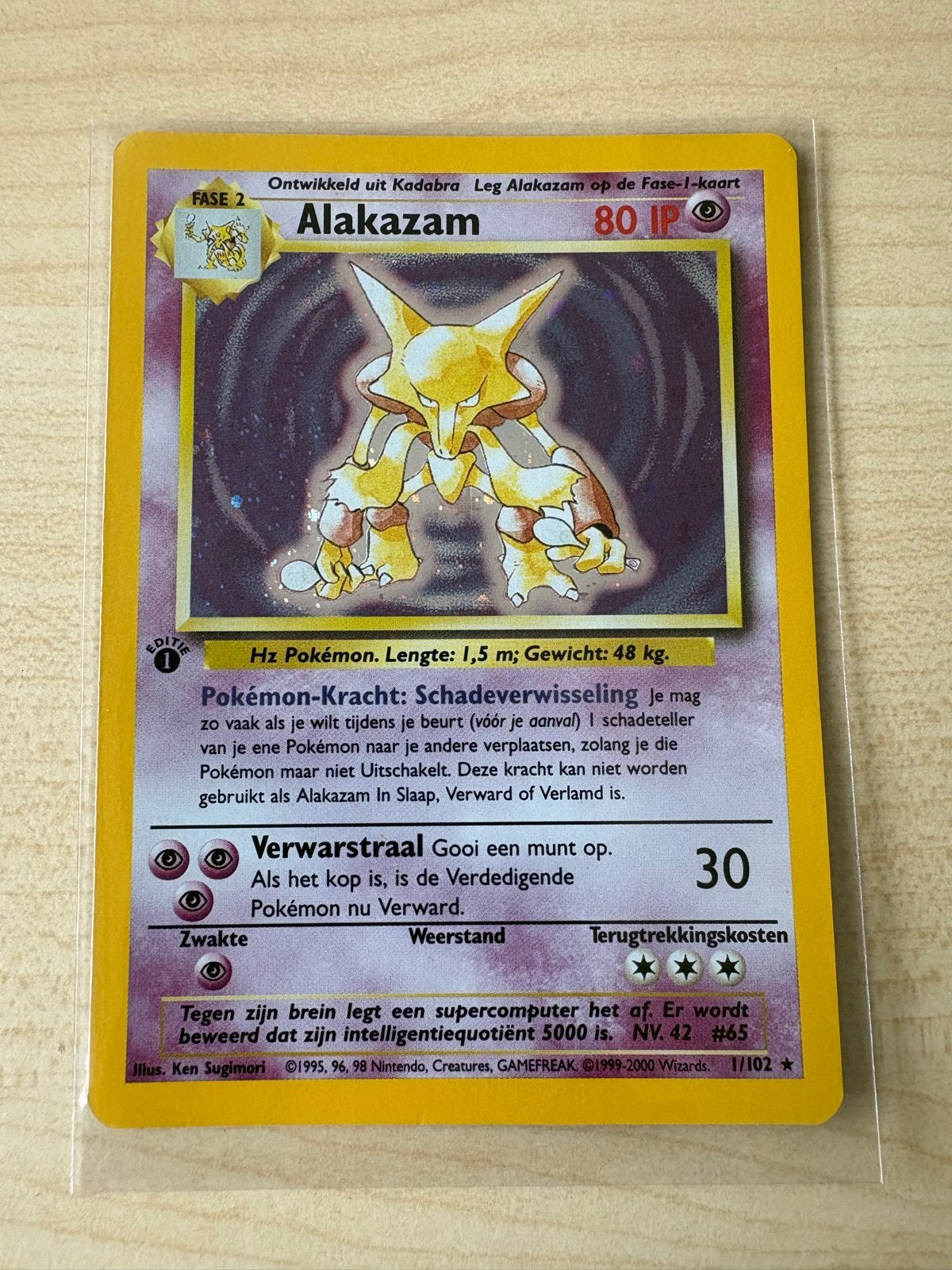 Alakazam 1st edition Holo Base Set 1/102 Pokémon Kaart, Ophalen of Verzenden, Gebruikt, Losse kaart, Foil