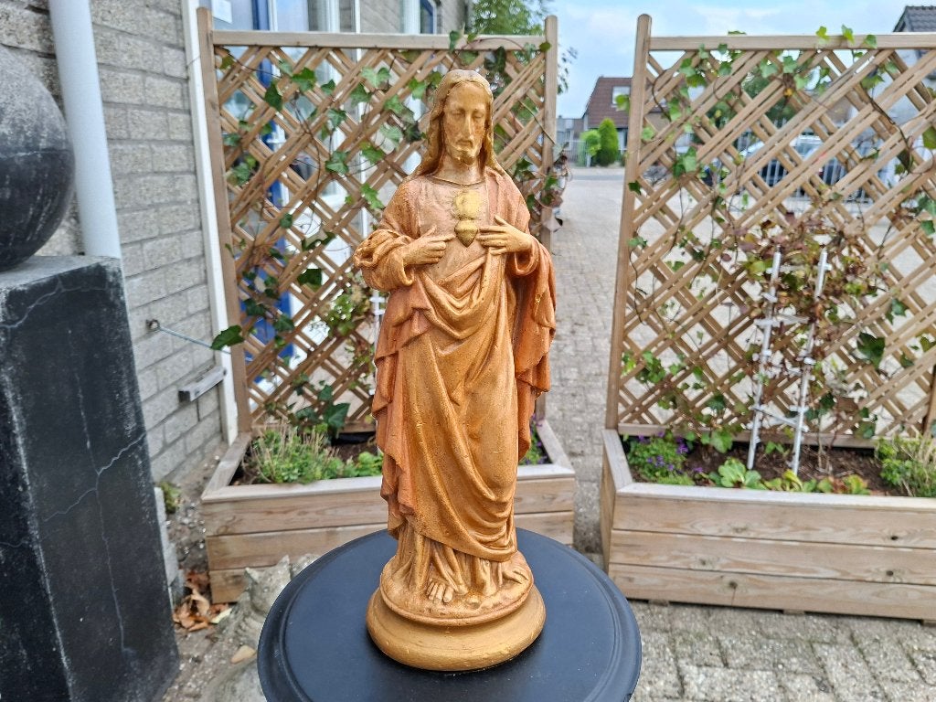 antiek groot goud kleurige christus beeld heilig hart, Ophalen