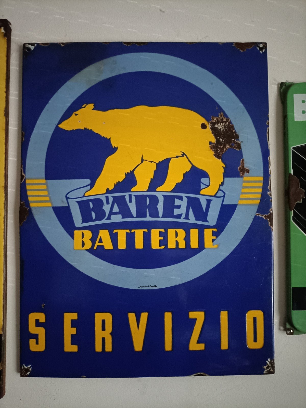 Emaille Bord accu Baren Batterie - Austria Email 64×48cm, Ophalen of Verzenden, Gebruikt, Reclamebord