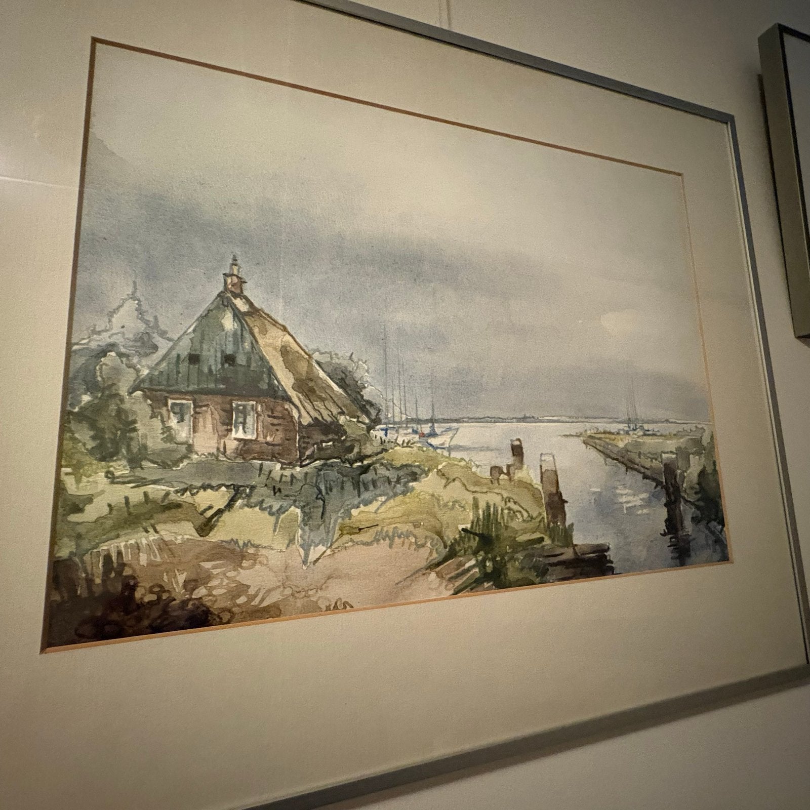 Aquarel A. vd Belt? 1982 - Landschap met huisje aan water, Ophalen, Gedateerd, Realistisch, Landschap