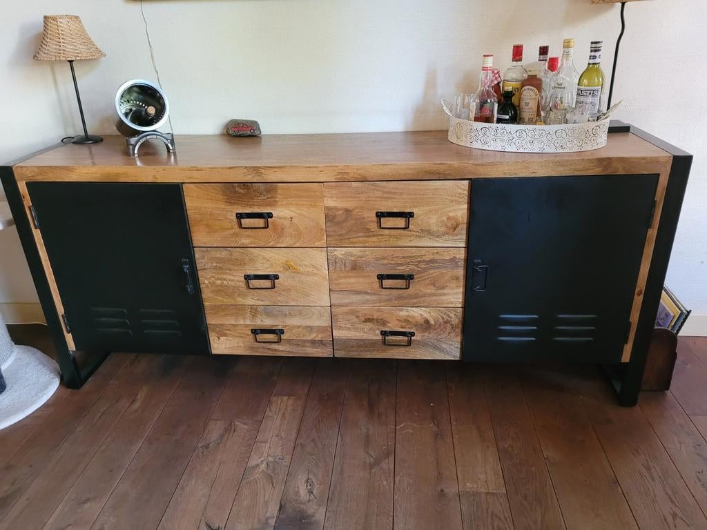 Industrieel dressoir,  mangohout en staal, 70 tot 120 cm, Nieuw, 170 cm of meer, Industrieel