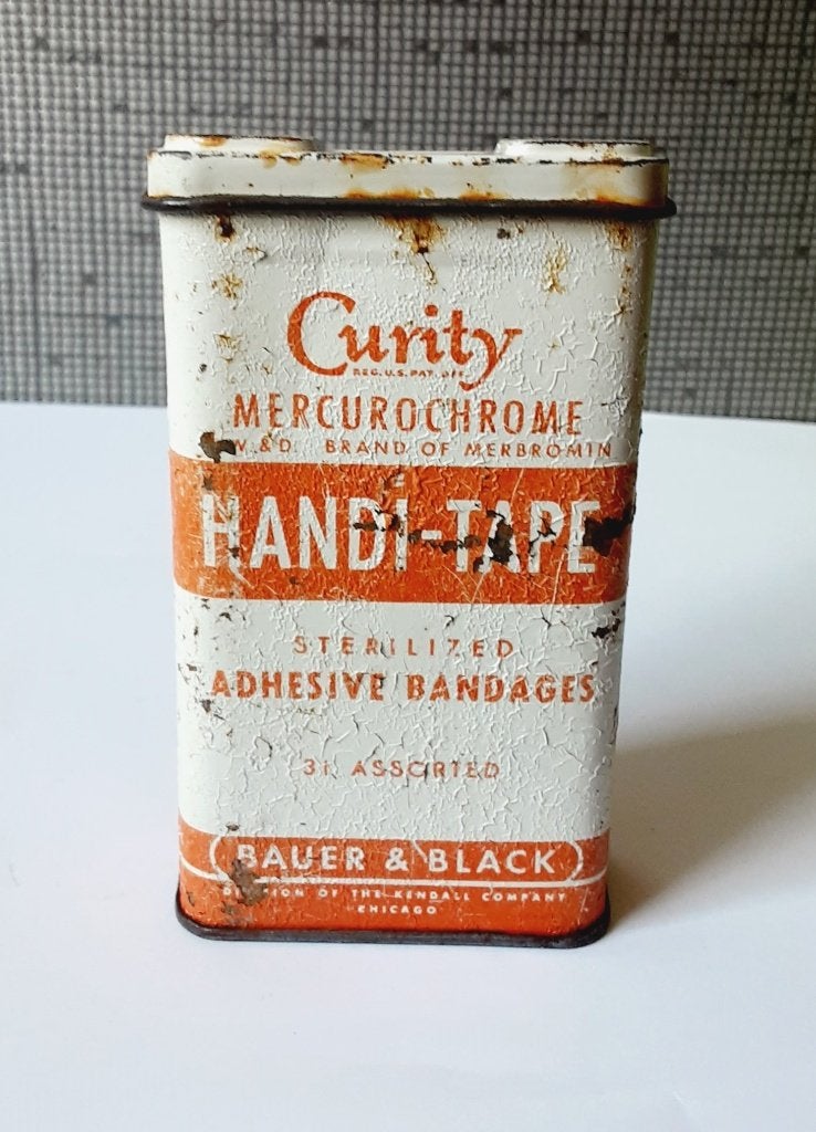 vintage curity mercutochrome handi tape bandage blik, Verzamelen, Verzenden, Gebruikt, Overige
