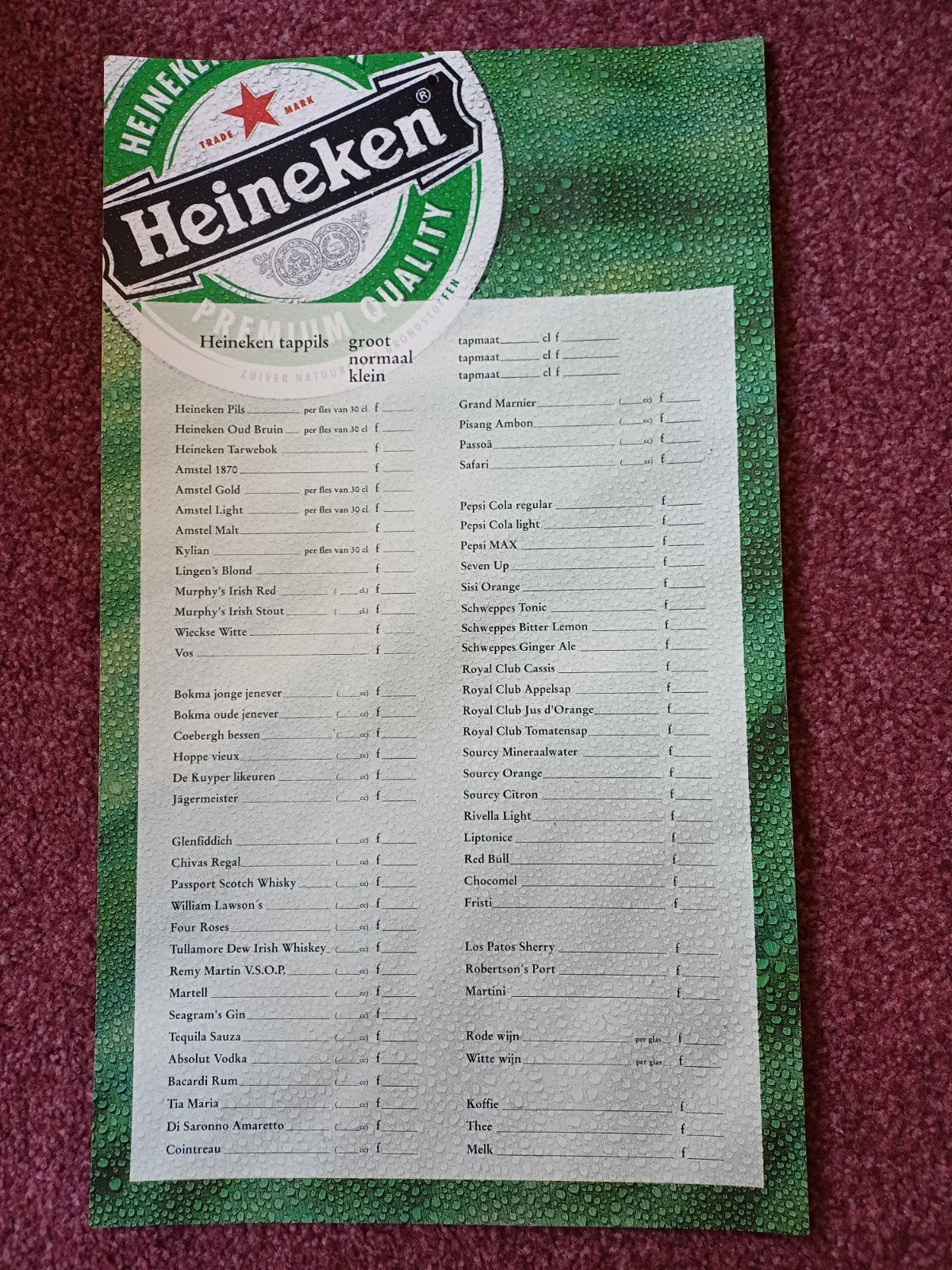 Heineken prijslijst, Ophalen of Verzenden, Zo goed als nieuw, Overige typen, Heineken