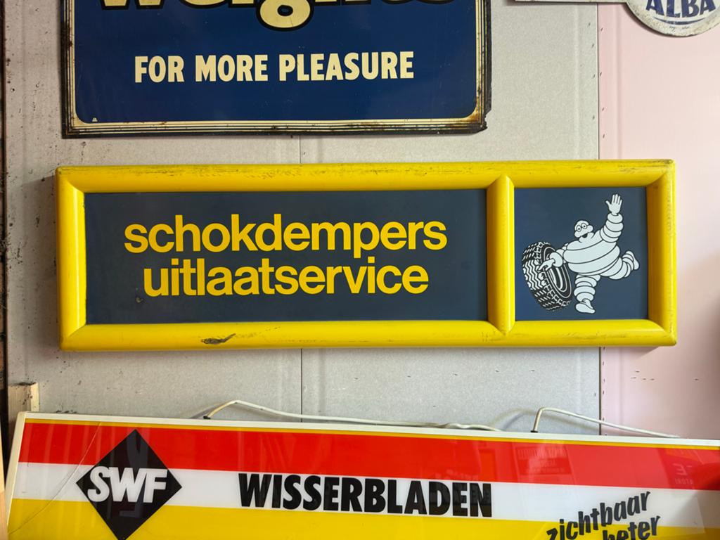 Vintage Michelin Reclamebord - Schokdempers Uitlaatservice, Ophalen, Reclamebord, Gebruikt, .