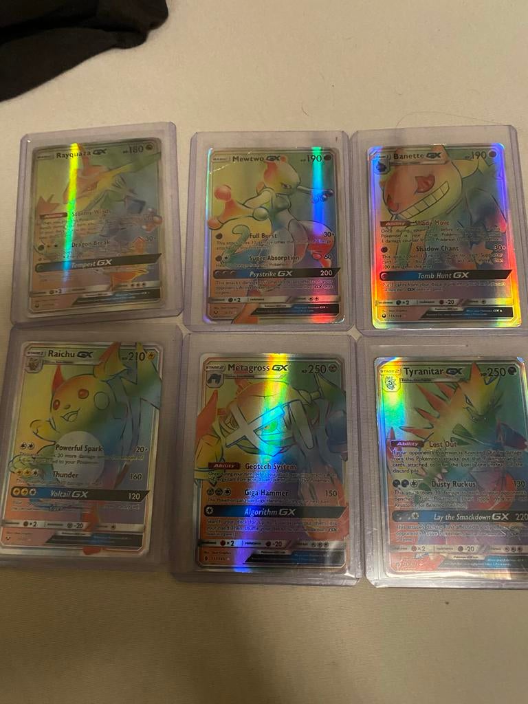 Zeldzame Rainbow GX Pokémon Kaarten - Mewtwo, Rayquaza, Meta, Ophalen of Verzenden, Zo goed als nieuw, Meerdere kaarten, Foil