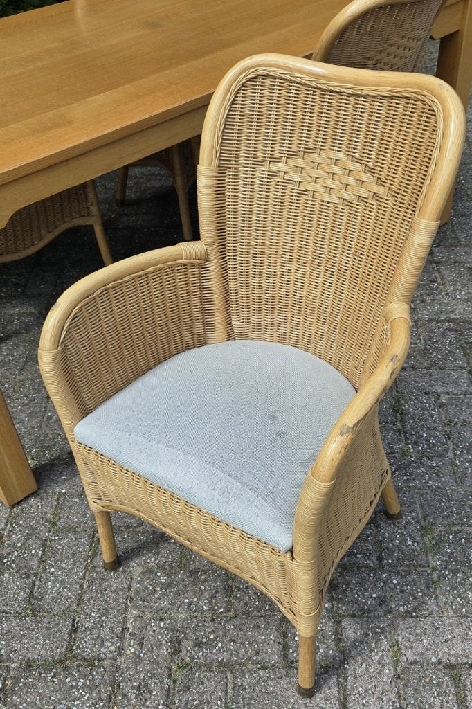 Eettafel + 4 eetkamerstoelen eikenhout rotan 180 x 90 cm., Huis en Inrichting, Ophalen, Gebruikt, Bruin, Hout