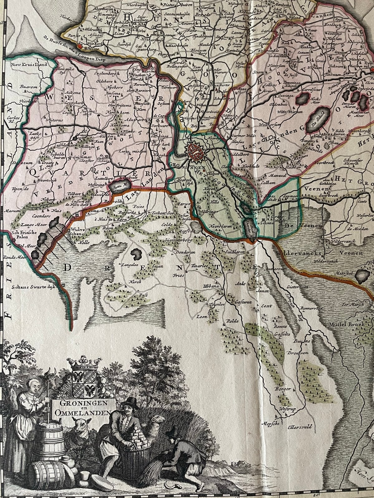 Antieke kaart Groningen en Ommelanden, Gelezen, Ophalen of Verzenden, Landkaart, 1800 tot 2000