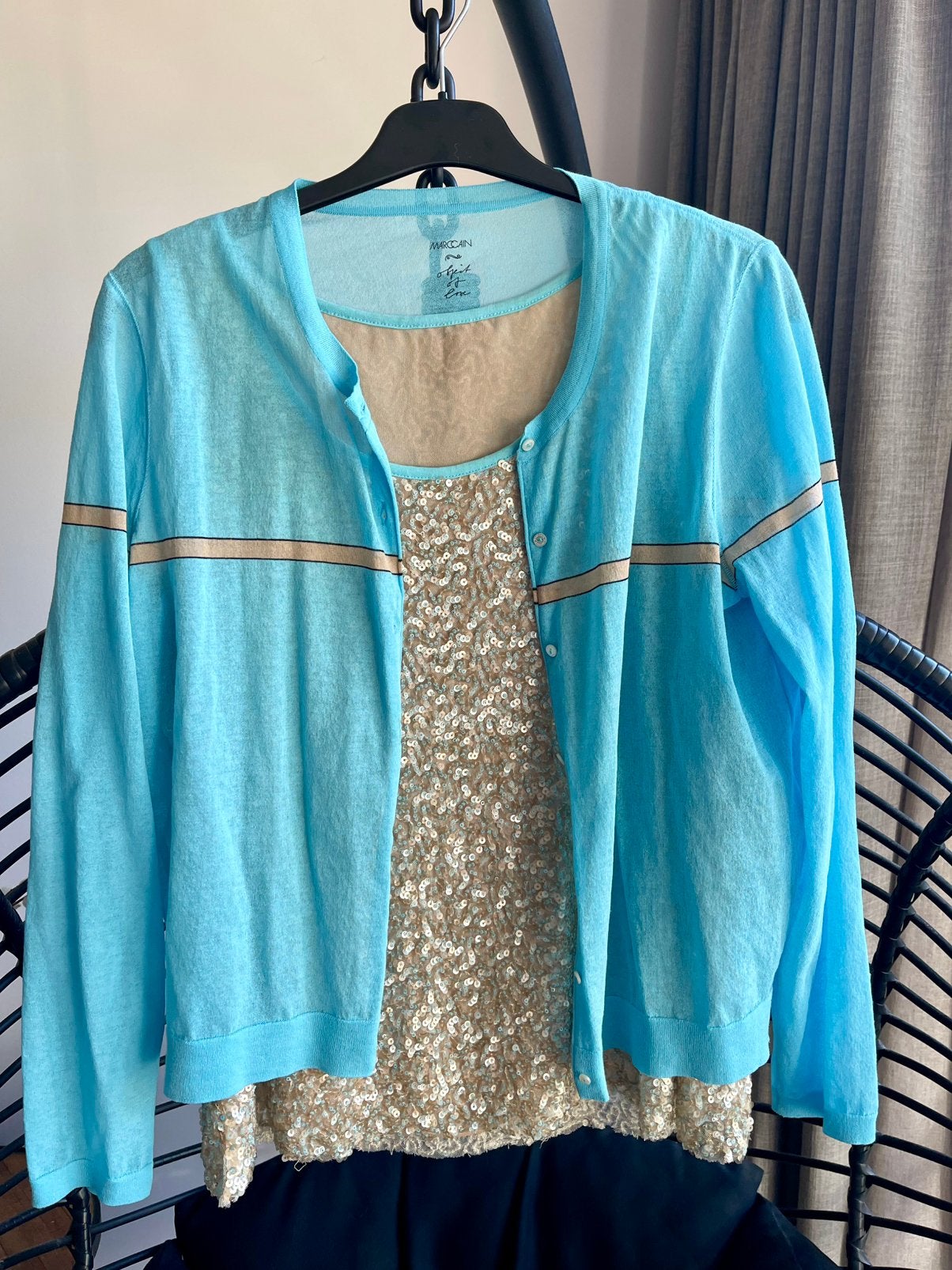 🌸 Marc Cain zomer set maat 6/44 ☀️ Vest en glitter top 🌸, Ophalen, Zo goed als nieuw, Maat 42/44 (L), Blauw