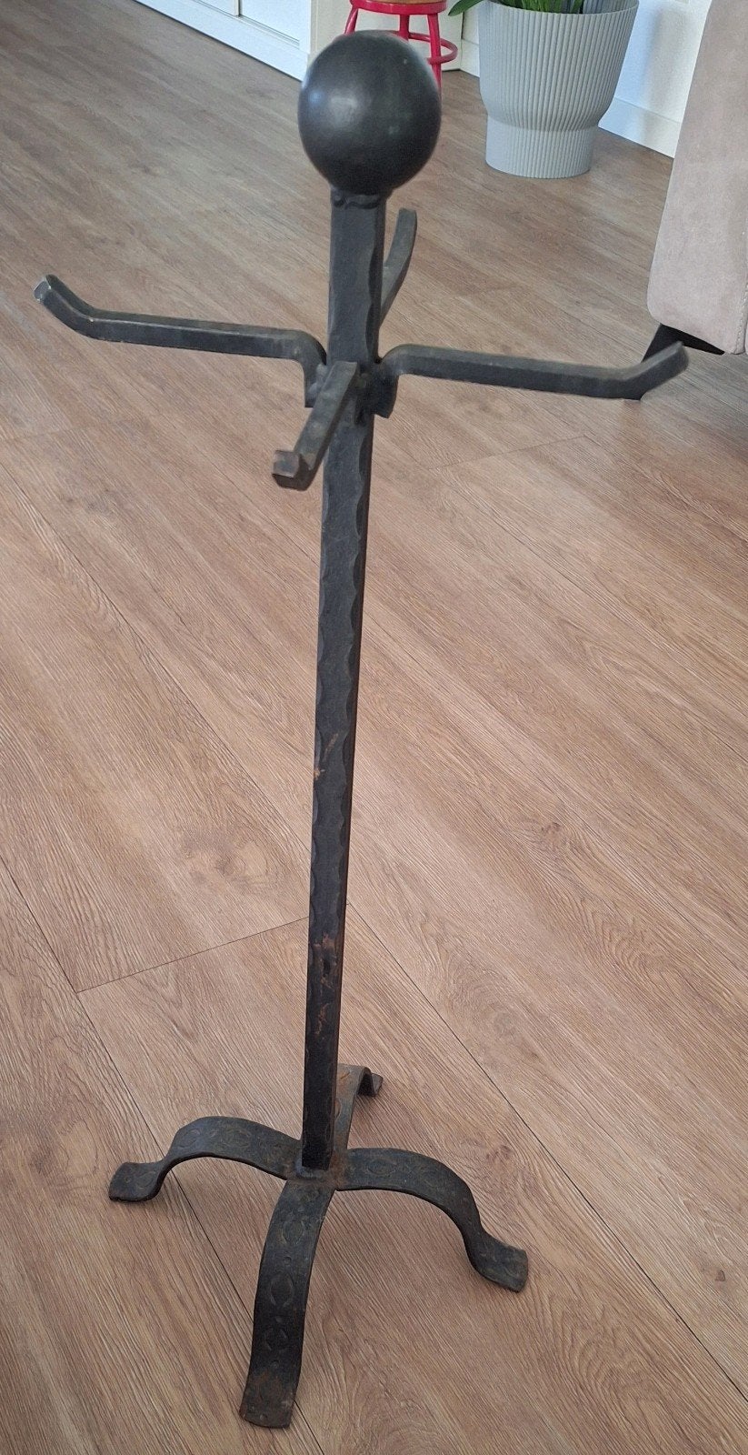 Handgesmede smeedijzeren haardstelhouder, Vintage, Ophalen of Verzenden, Metaal, Gebruikt