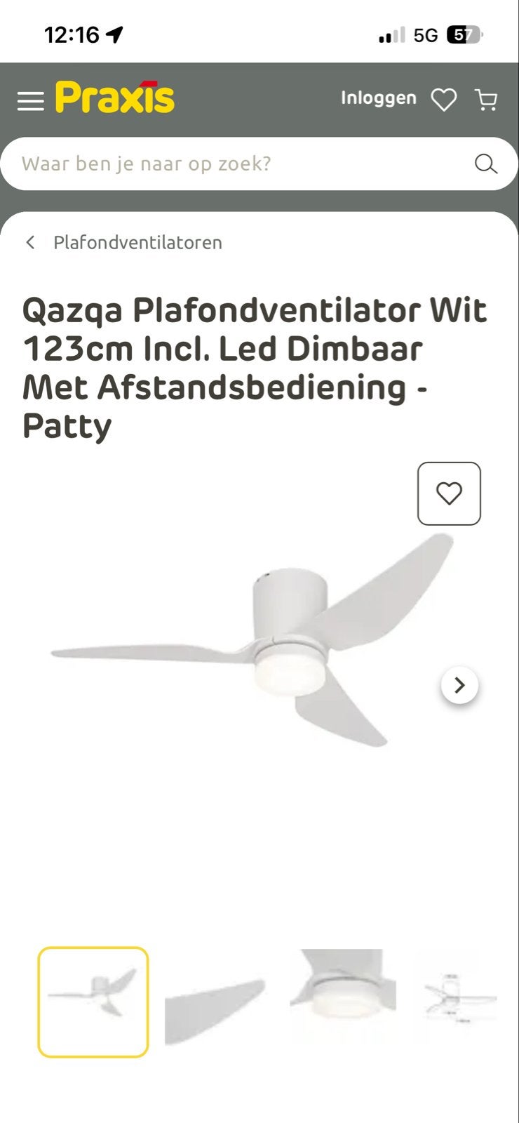Nieuwe Qazqa Plafondventilator Wit 123cm met afstandsbedieni, Ophalen of Verzenden, Ventilator met afstandsbediening, Nieuw, Plafondventilator