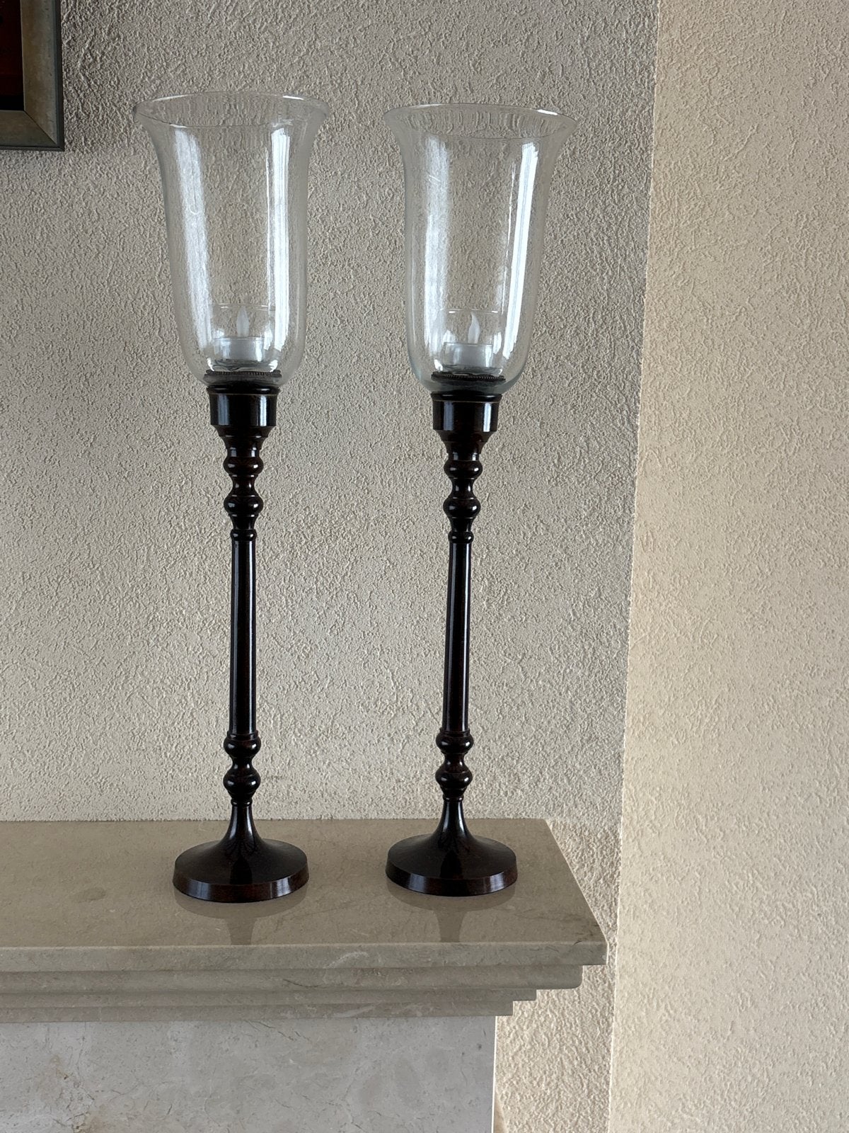 Set van 2 elegante windlichten - donkerbruin hout en glas, Ophalen, Windlicht, Bruin, Zo goed als nieuw