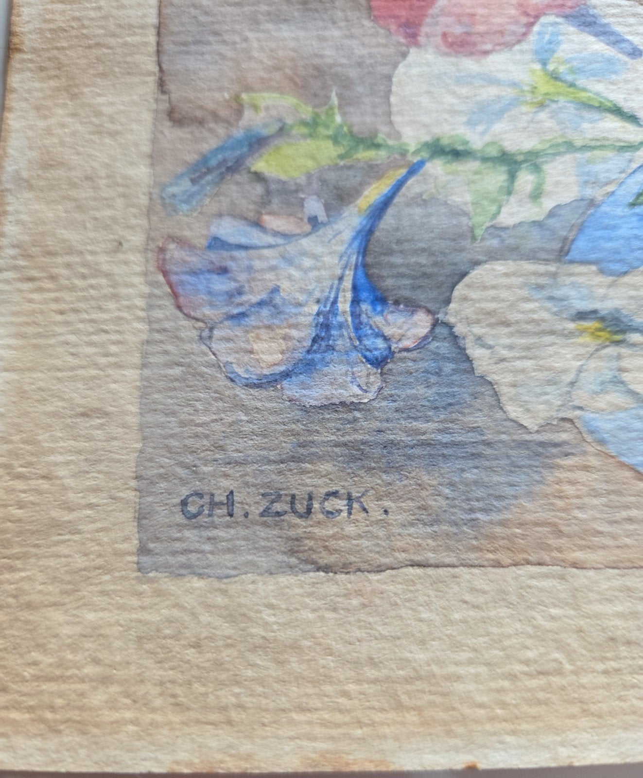 Charles Zuck kleine aquarel boeket bloemen met tekst, Ophalen of Verzenden