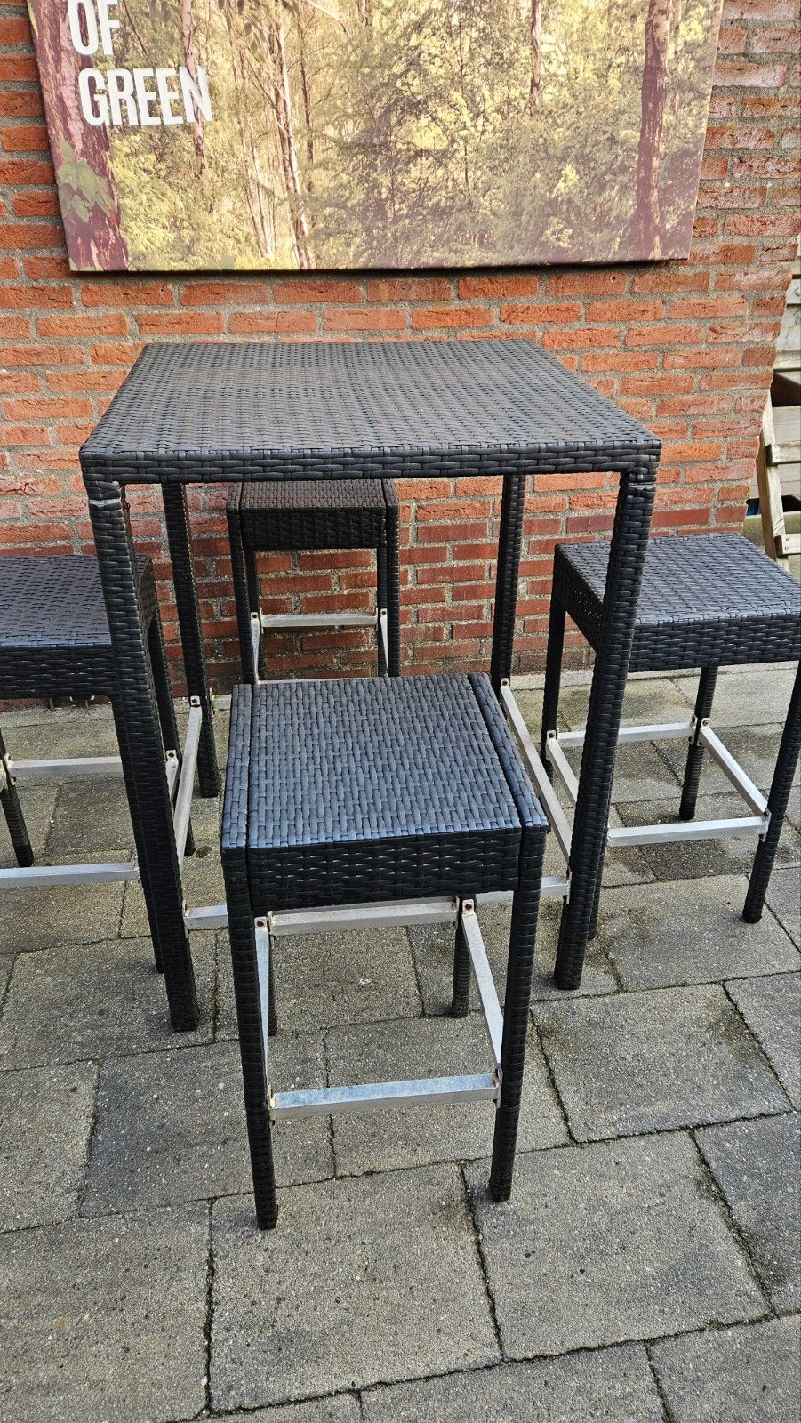 Hoge wicker barset met 4 krukken, Ophalen, Gebruikt, Vierkant, Wicker