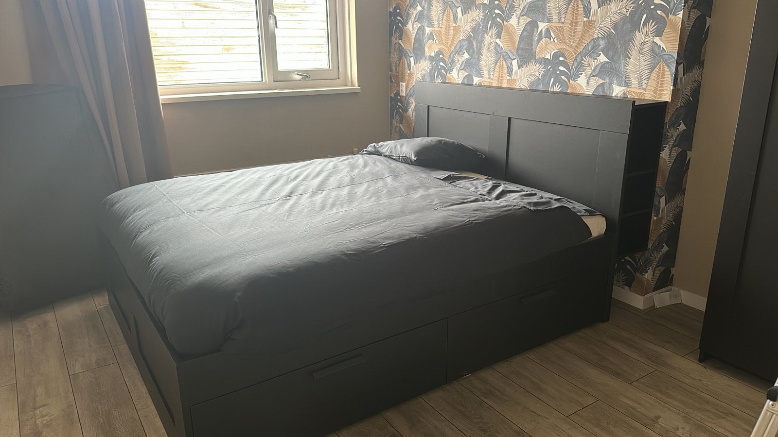 Z.G.A.N. Ikea Brimnes bed 160x200 met matras en opbergruimte, Ophalen, Zwart, Tweepersoons, Zo goed als nieuw