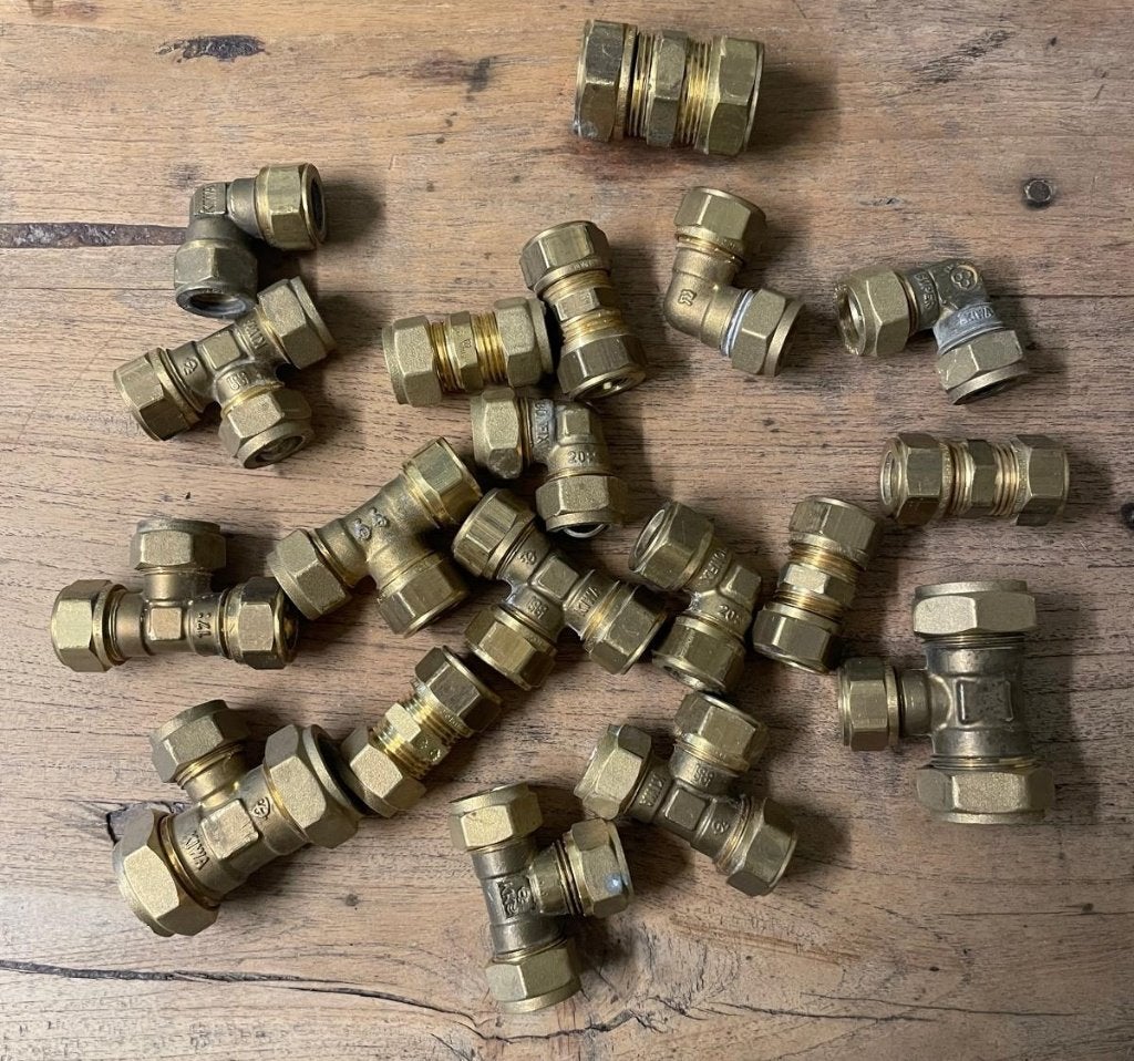 Diverse knelkoppelingen messing 15 mm en 22 mm, 30 tot 80 cm, Gebruikt, Overige typen, Minder dan 60 cm
