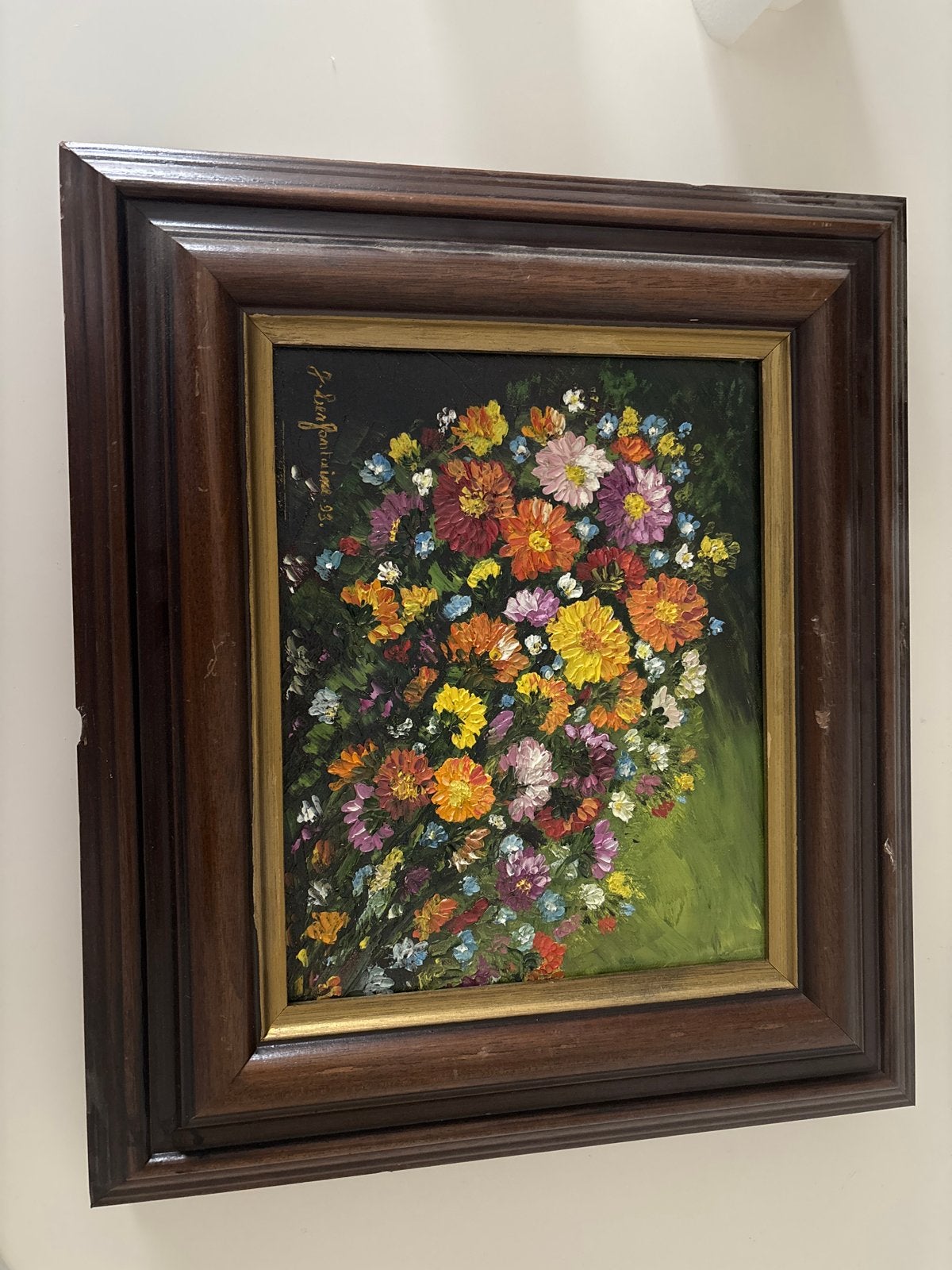 Kleurrijk bloemenschilderij, gesigneerd en gedateerd '95, Bloemen, Gedateerd, Doek, Ophalen of Verzenden