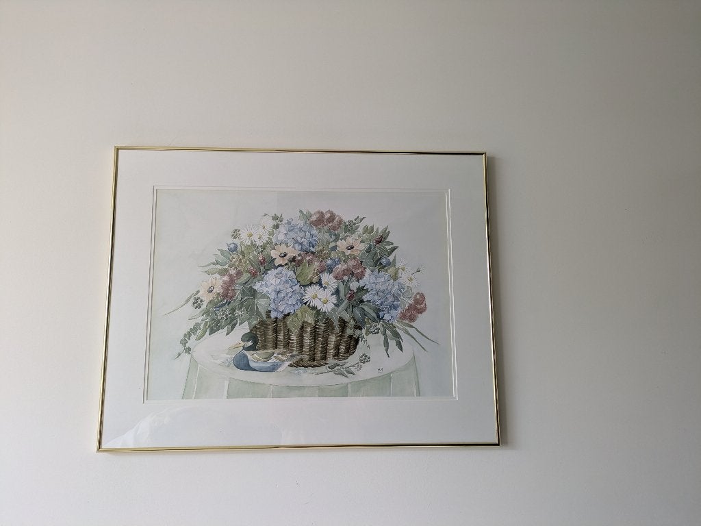 Bloemenmand aquarel in lijst, Ophalen, Oorspronkelijke maker, Zo goed als nieuw, Schilderij