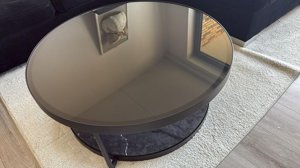 Moderne ronde salontafel met marmerlook en glasplaat, Ophalen, Rond, Nieuw, 50 tot 100 cm