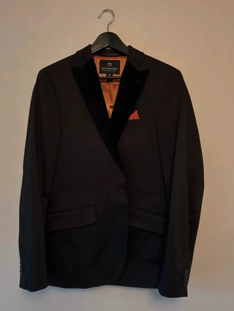 Zwarte heren colbert jasje blazer met velour suede lapel, Maat 48/50 (M), Zwart, Ophalen of Verzenden, Zo goed als nieuw