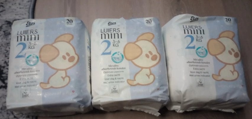 3 pakken etos luiers maat 2, 3-6 kg totaal 60 luiers, Ophalen of Verzenden, Nieuw, Overige typen