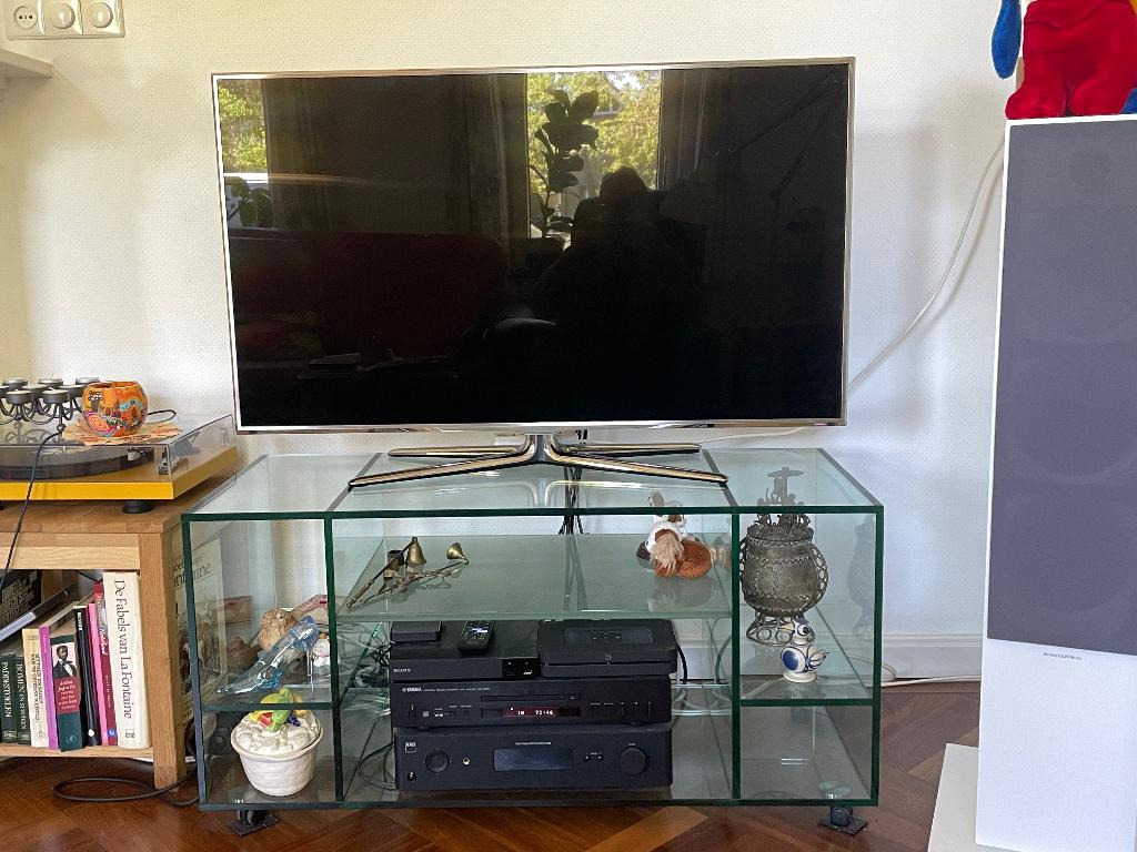 Smart TV Samsung met glas-meubel en DVD speler, Ophalen, Gebruikt, 100 tot 150 cm, Glas