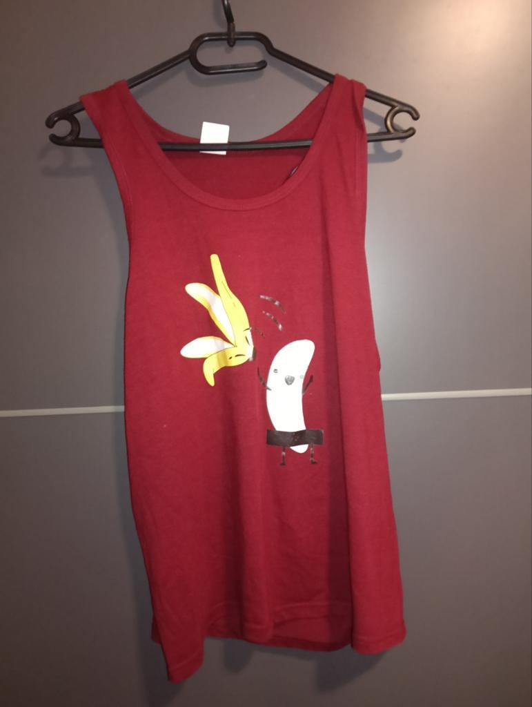 Rood mouwloos shirt met grappige bananenprint, Maat 42/44 (L), Ophalen of Verzenden, Zonder mouw, Gedragen