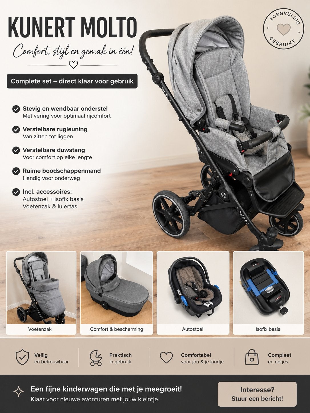 Kunert Molto 3-in-1 Kinderwagen Complete Set – Grijs/Zwart, Ophalen, Zo goed als nieuw, Overige merken, Verstelbare rugleuning