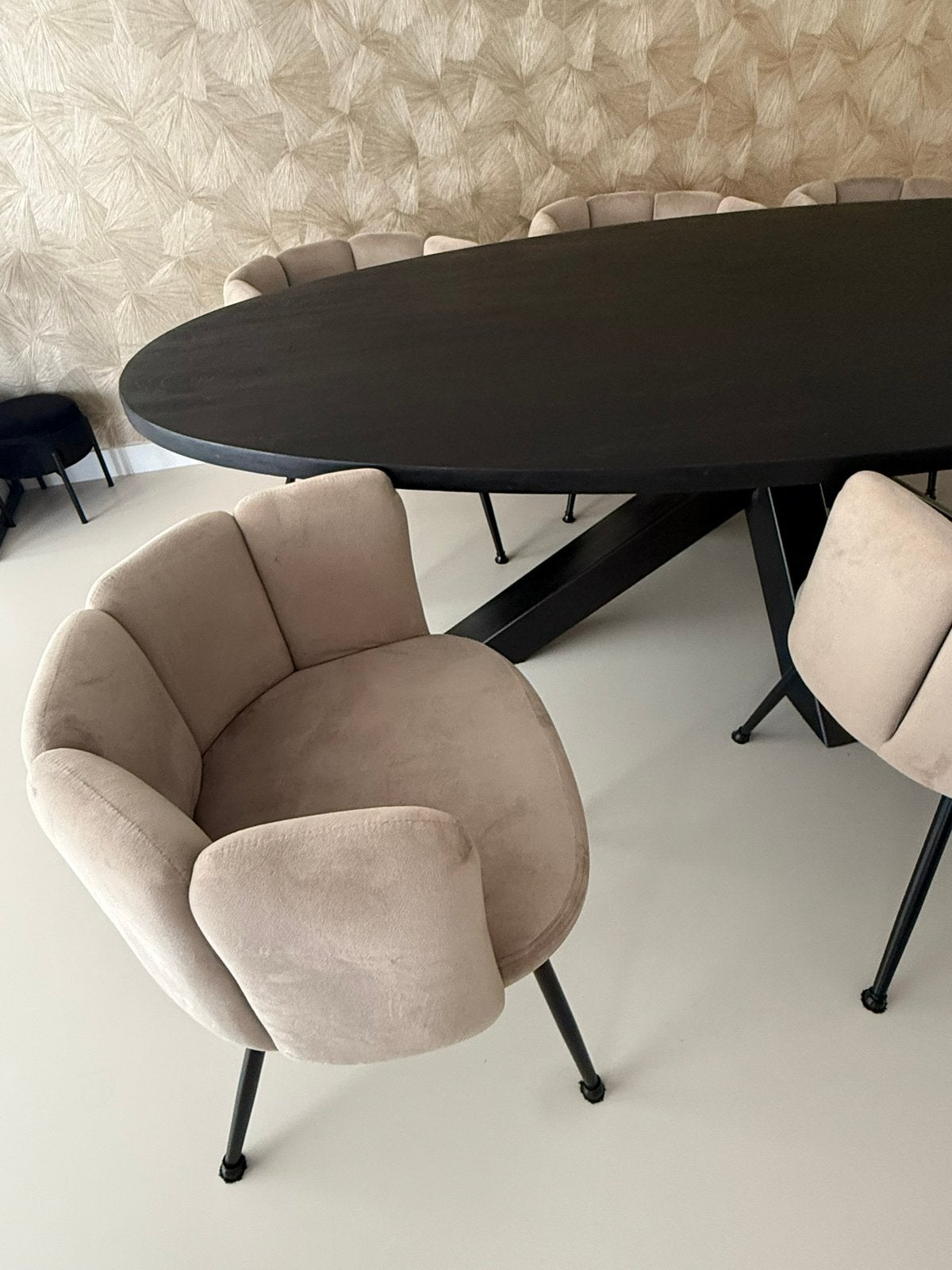 6x eetstoelen taupe velvet, Huis en Inrichting, Ophalen, Zo goed als nieuw, Overige kleuren, Vijf, Zes of meer stoelen