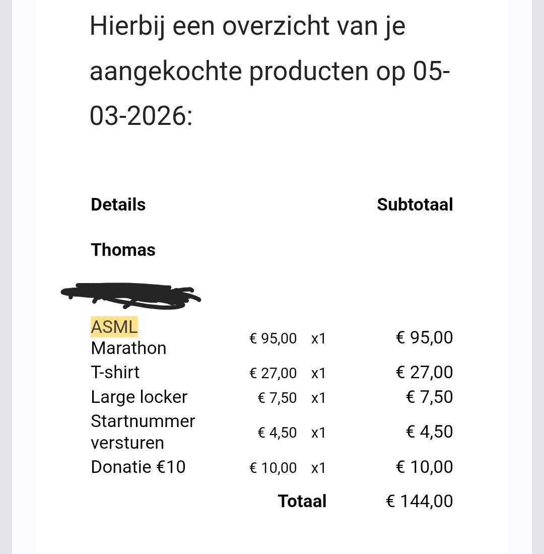 Startbewijs ASML marathon Eindhoven, Tickets en Kaartjes, Sport | Overige, Eén persoon, Oktober