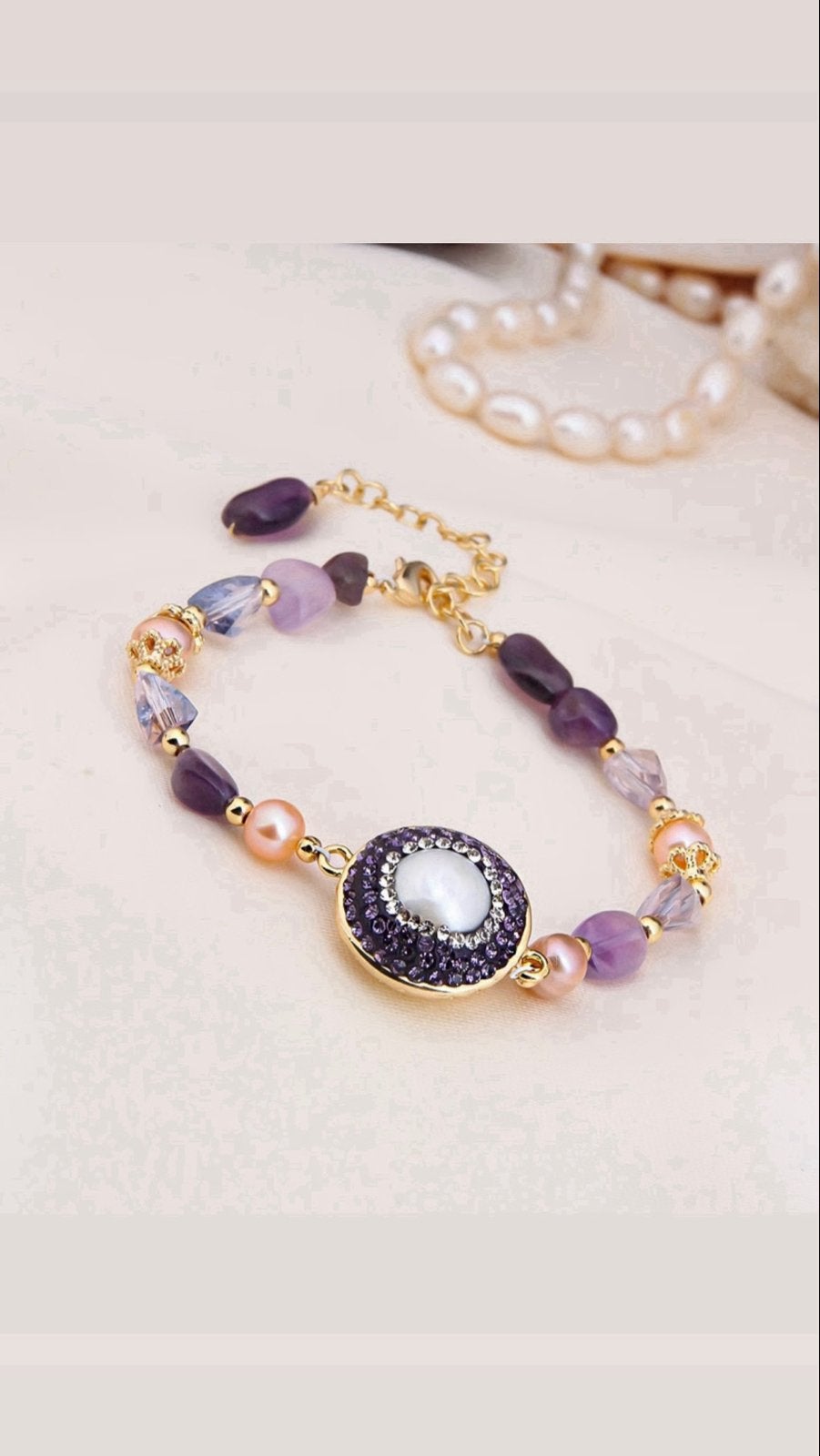 18k Vergulde Armband met Parels, Kristal & Amethisten, Overige materialen, Verzenden, Paars, Nieuw
