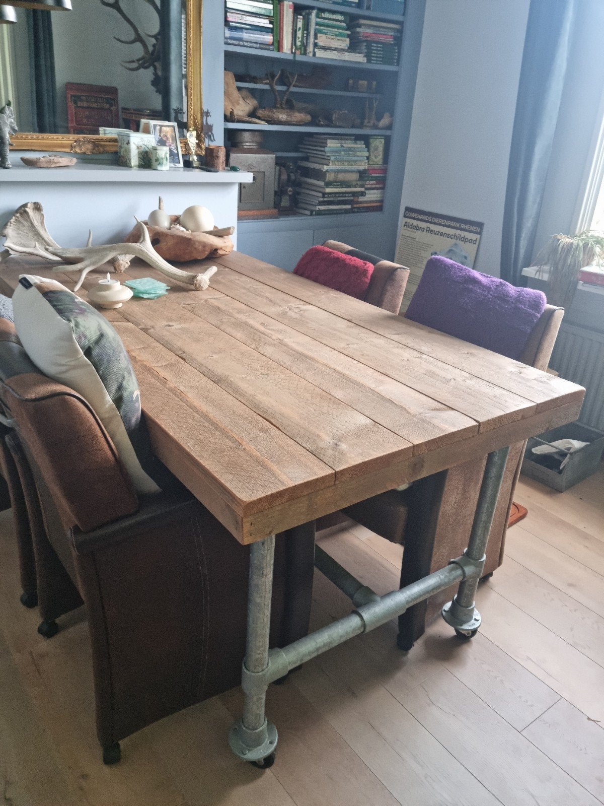 Prachtige steigerhouten steigerbuis steigerbuizen eettafel, Ophalen, Landelijk industrieel stoer sober vintage curiosa, 50 tot 100 cm
