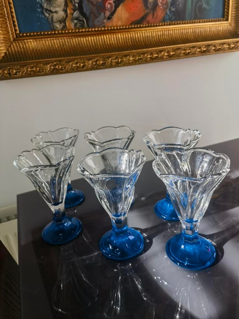 Set van 6 Italiaanse ijscoupes met blauwe voet, Ophalen of Verzenden