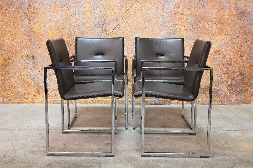 ZGANieuw 4 bruine leren Arco Frame design stoelen, Arco, Bruin, Ophalen of Verzenden, Zo goed als nieuw