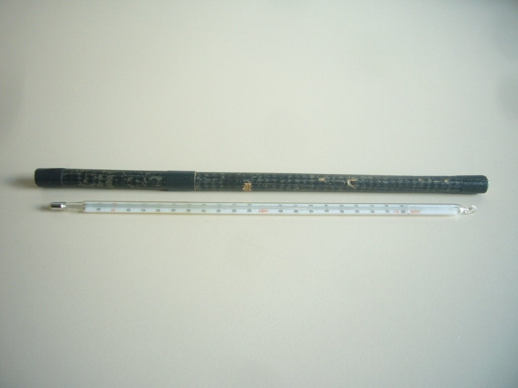 Antieke glazen thermometer, meet van -10 tot 200 graden, Ophalen of Verzenden
