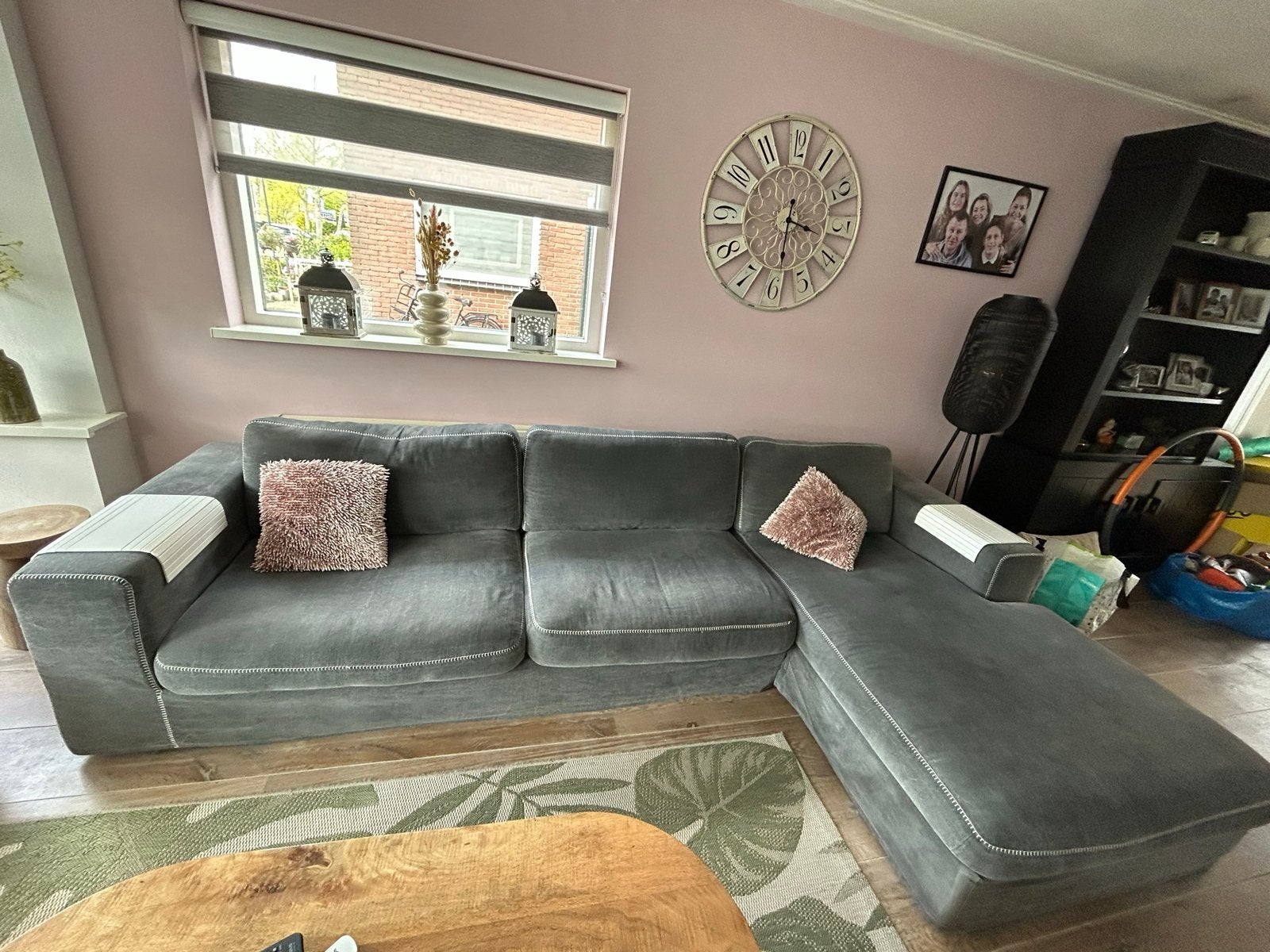 Grijze hoekbank met chaise longue, Ophalen, Gebruikt, Minder dan 75 cm, Hoekbank