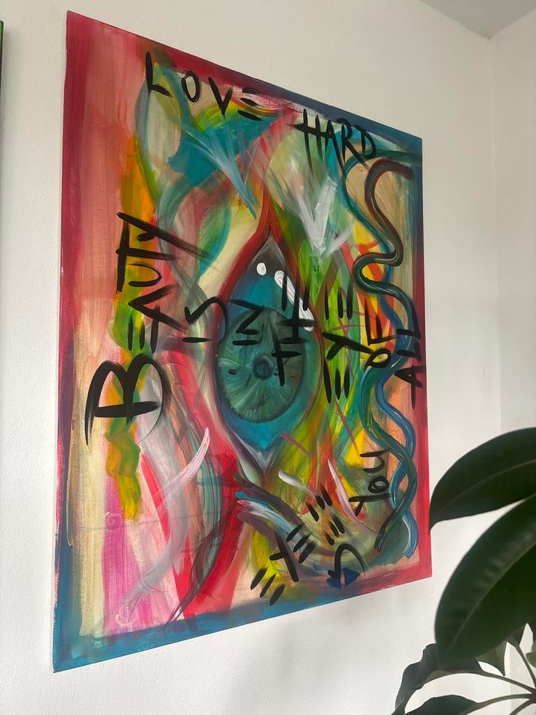 Modern schilderij met tekst en oog, Ophalen